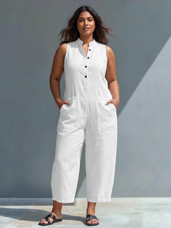 Ärmlös Minimalistisk Jumpsuit för Kvinnor med Hög Krage och Knappar