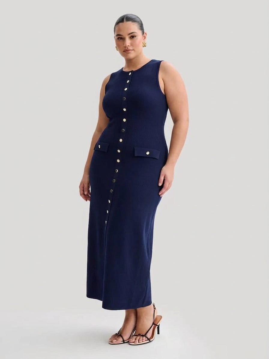 Quinn – Elegant ärmlös knappradad bodycon stickad maxiklänning
