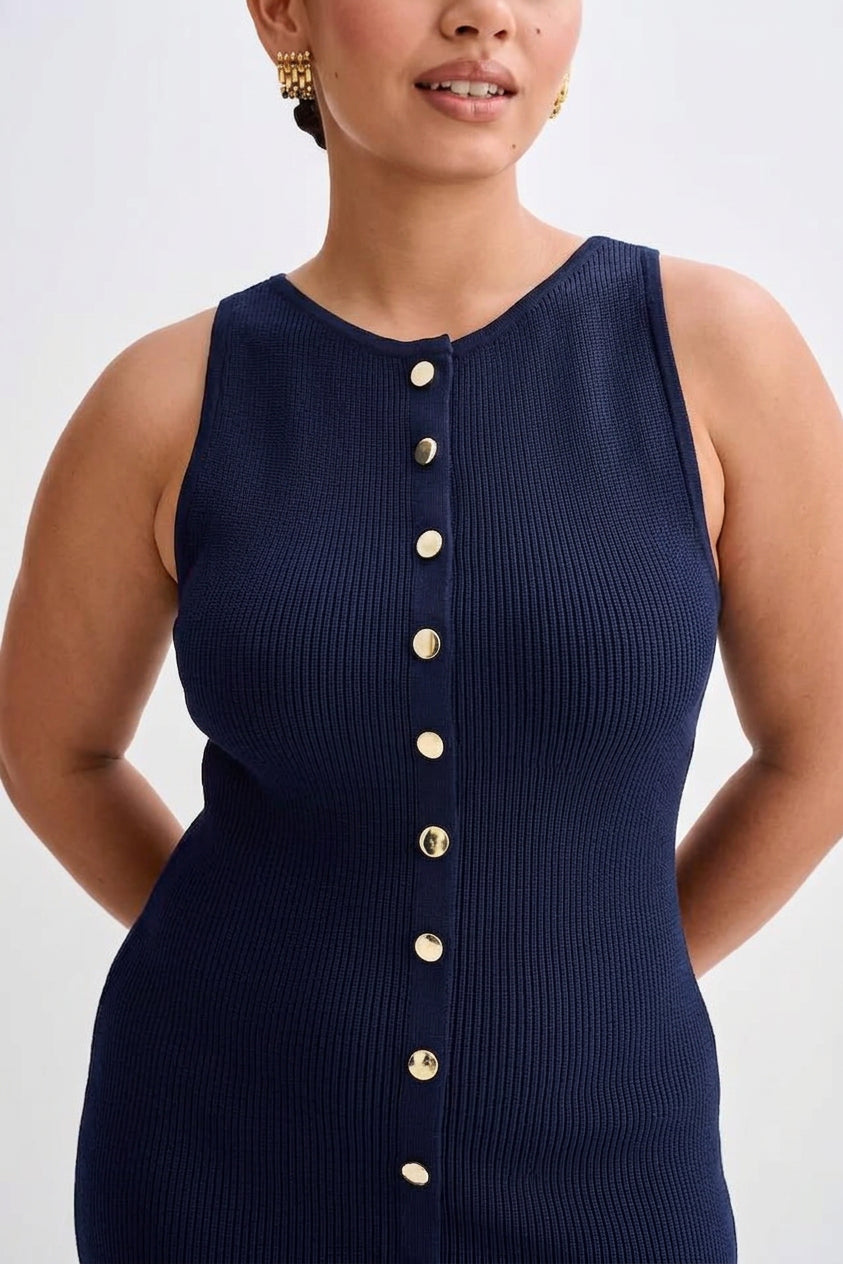 Quinn – Elegant ärmlös knappradad bodycon stickad maxiklänning