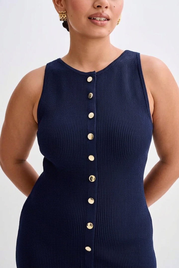 Quinn – Elegant ärmlös knappradad bodycon stickad maxiklänning