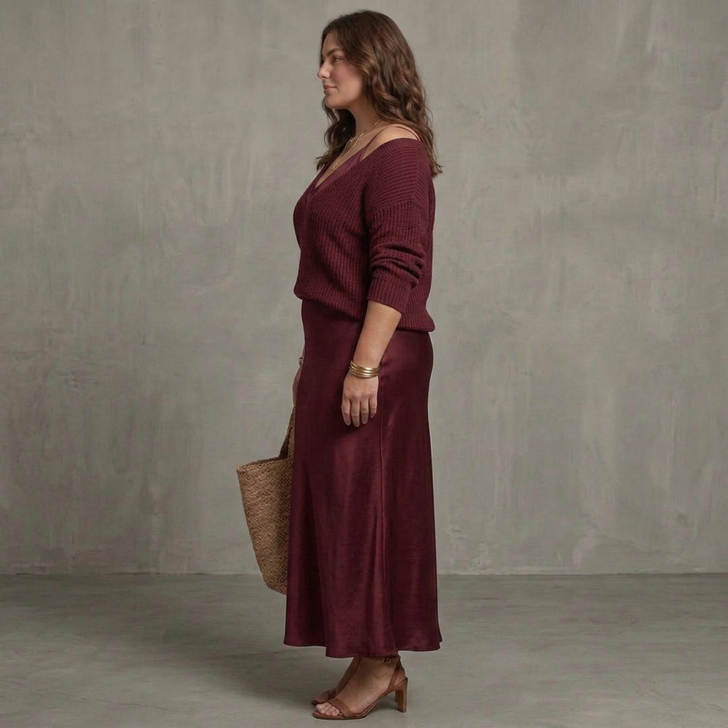 Ines | Bias Fall Satin Kjol Stickad Lager Set