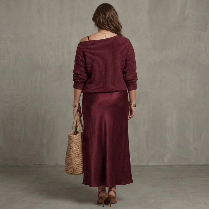 Ines | Bias Fall Satin Kjol Stickad Lager Set