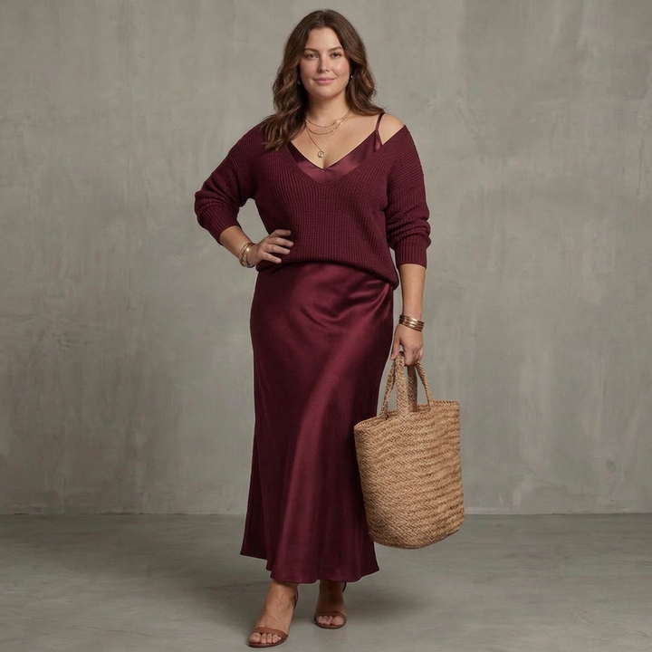 Ines | Bias Fall Satin Kjol Stickad Lager Set