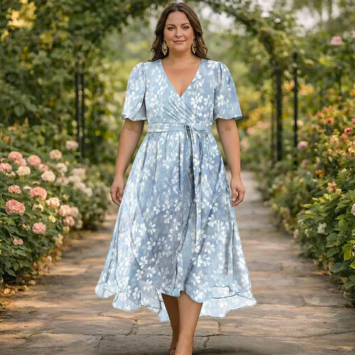 Juno | Salviagrön midiklänning med blommigt broderi och omlottdesign