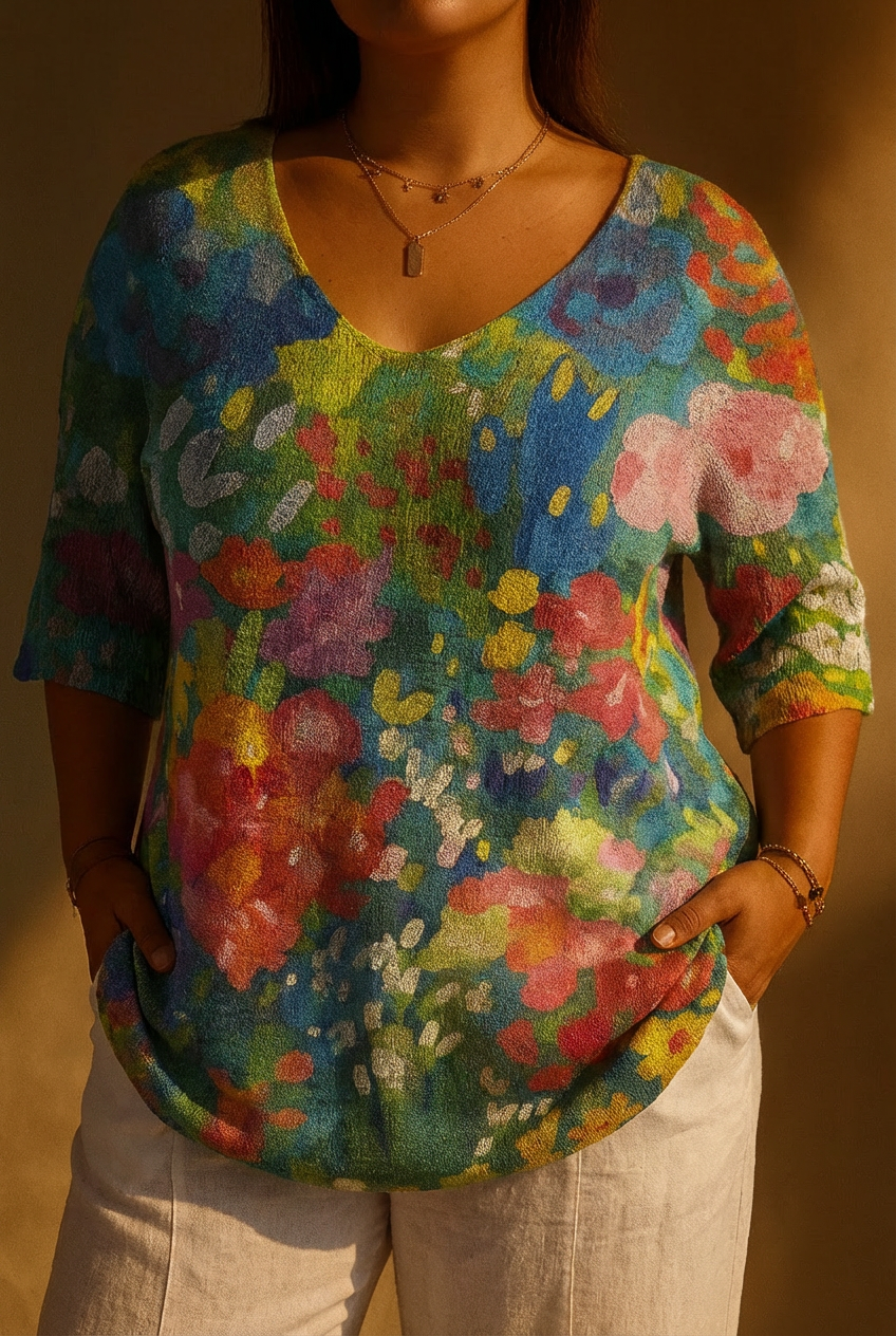 Kvinnors Vintage Vacker Blommig Konsttryck Avslappnad Pullover Stickad