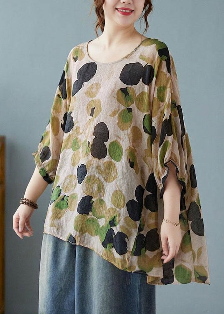 Linnea - Löst Blått Prickigt Batwing Ärms T-shirt i Bomull och Lin