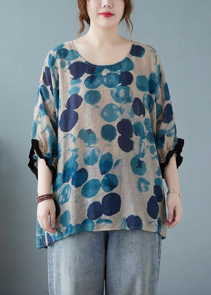 Linnea - Löst Blått Prickigt Batwing Ärms T-shirt i Bomull och Lin