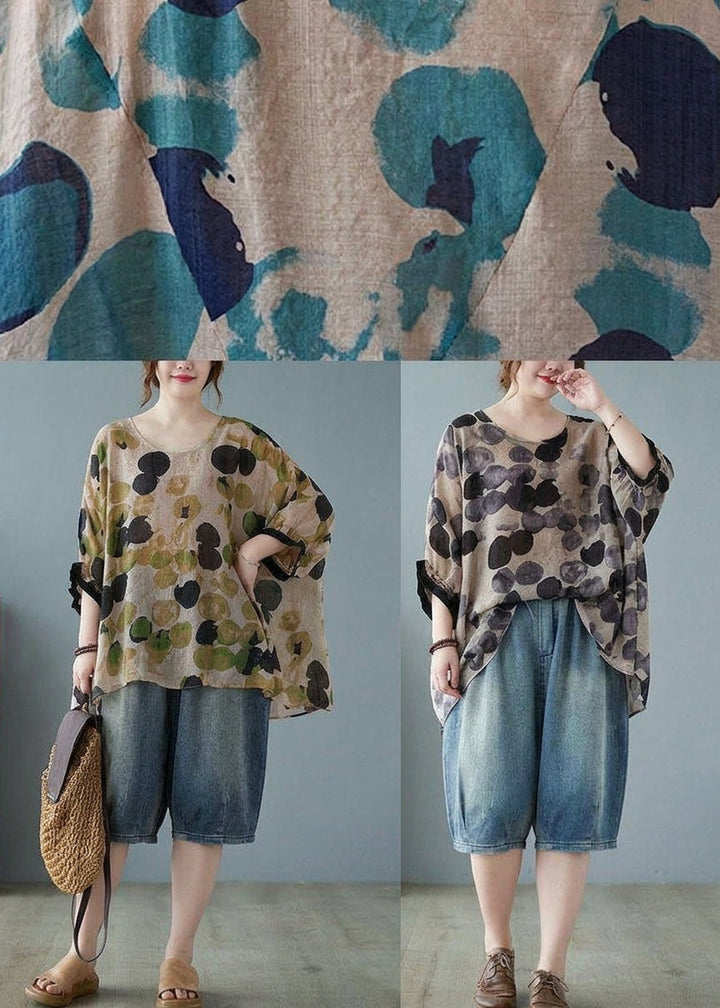 Linnea - Löst Blått Prickigt Batwing Ärms T-shirt i Bomull och Lin