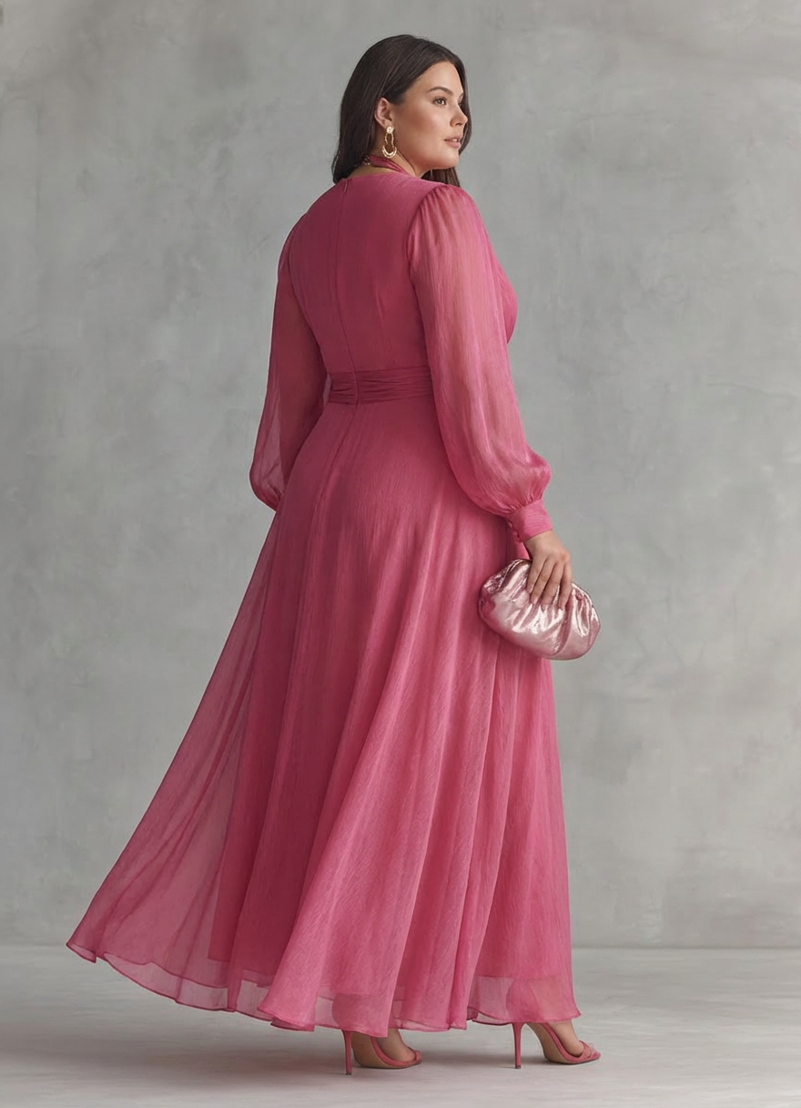 Elegant lång rosa chiffongklänning med pärlor och V-ringning för kvinnor