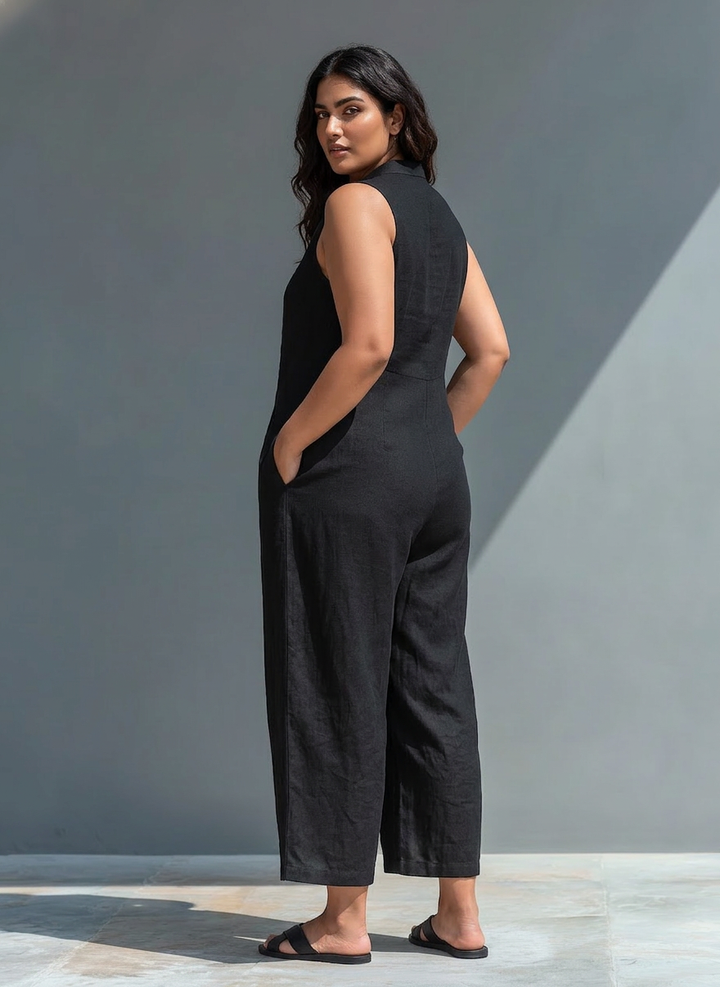 Ärmlös Minimalistisk Jumpsuit för Kvinnor med Hög Krage och Knappar