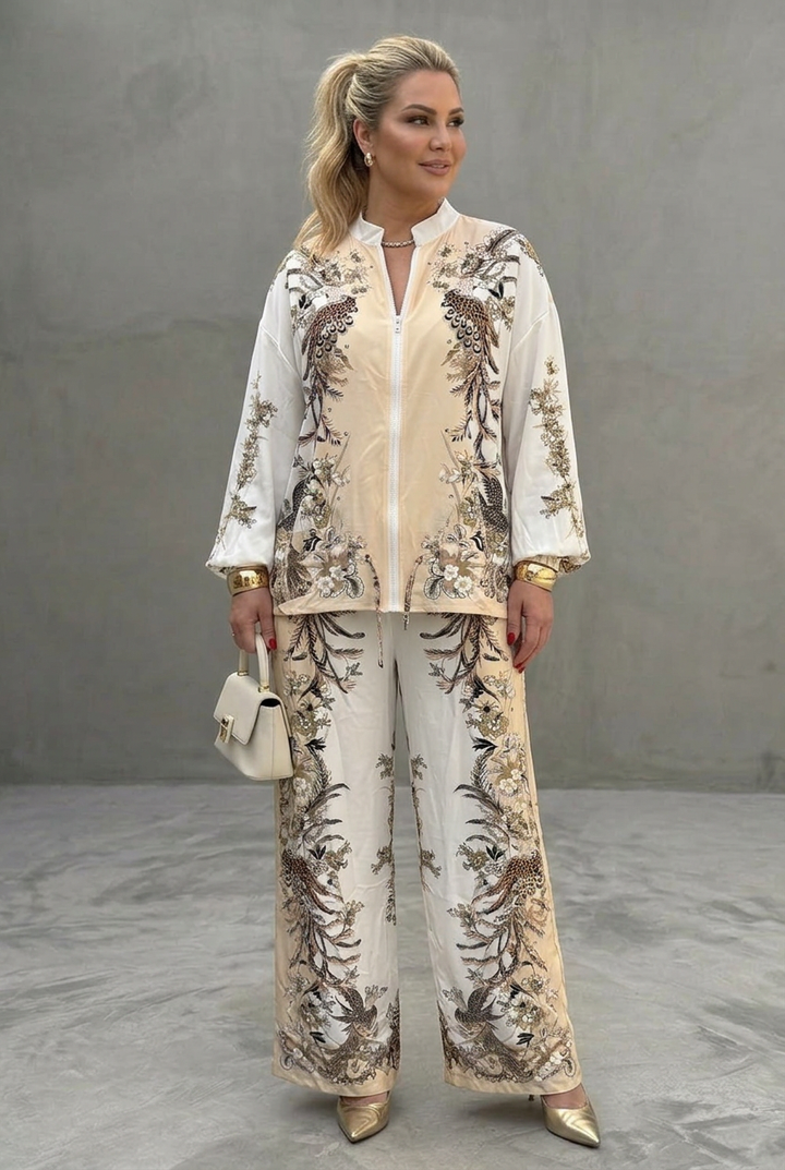 Mika | Zip Front Blouson Top Tryckt Tvådelat Set