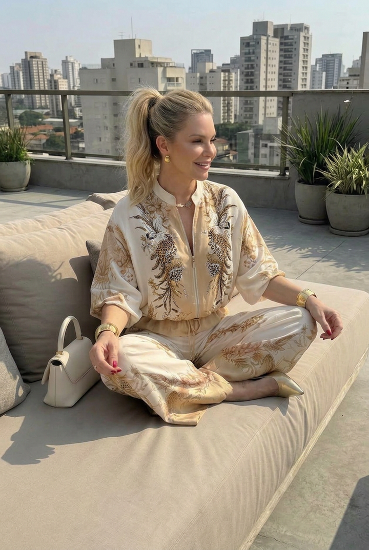 Mika | Zip Front Blouson Top Tryckt Tvådelat Set