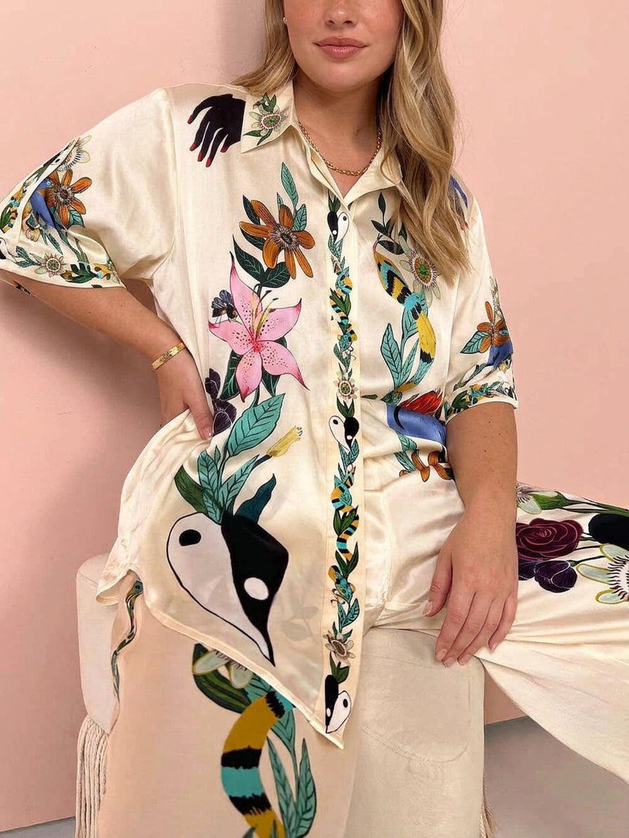 Ffion | Resort Vibes Satin unik tryckskjorta &amp; Byxset Passform