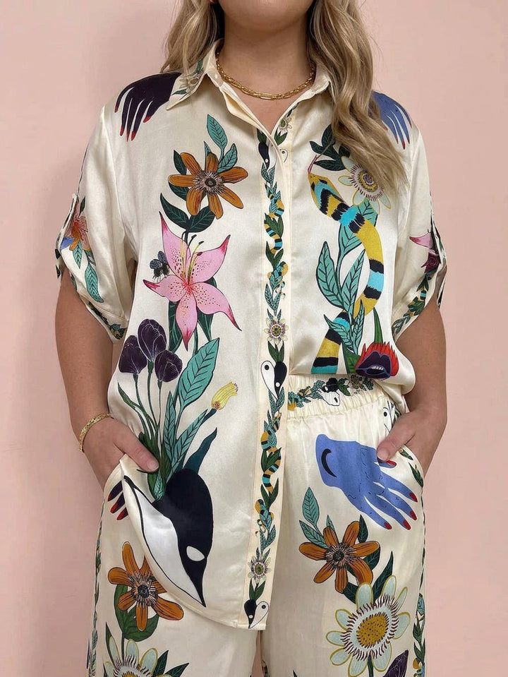 Ffion | Resort Vibes Satin unik tryckskjorta &amp; Byxset Passform