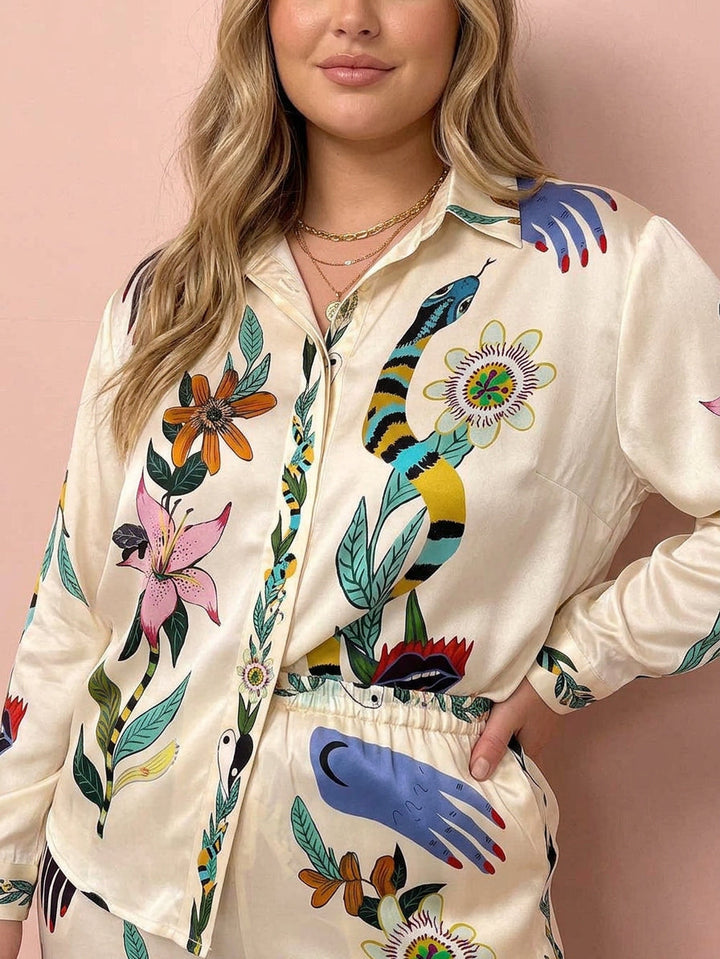 Ffion | Resort Vibes Satin unik tryckskjorta &amp; Byxset Passform
