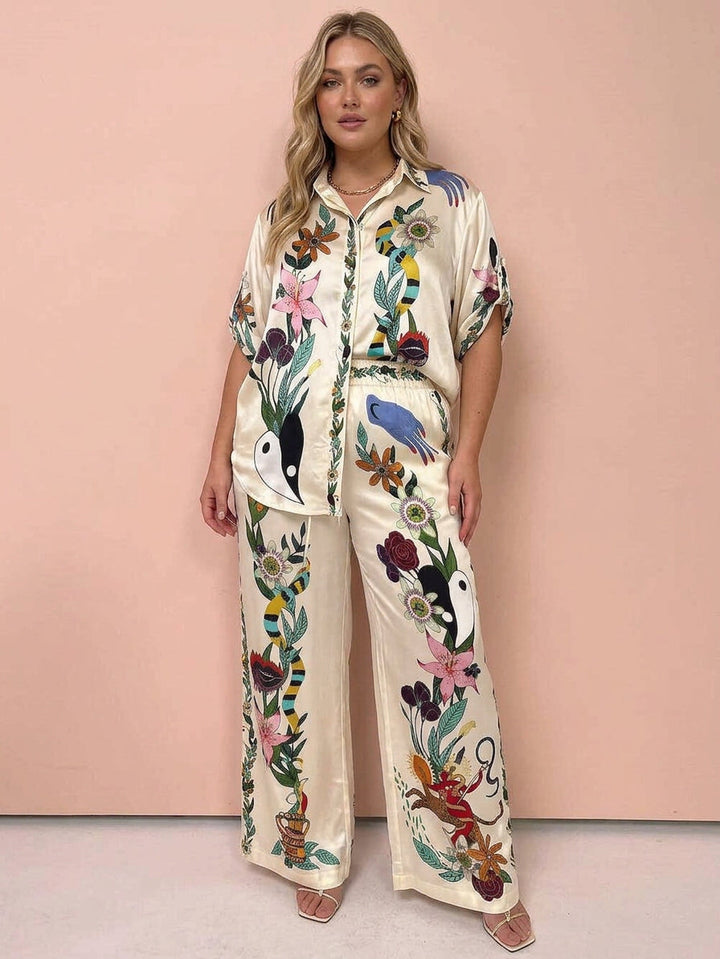 Ffion | Resort Vibes Satin unik tryckskjorta &amp; Byxset Passform