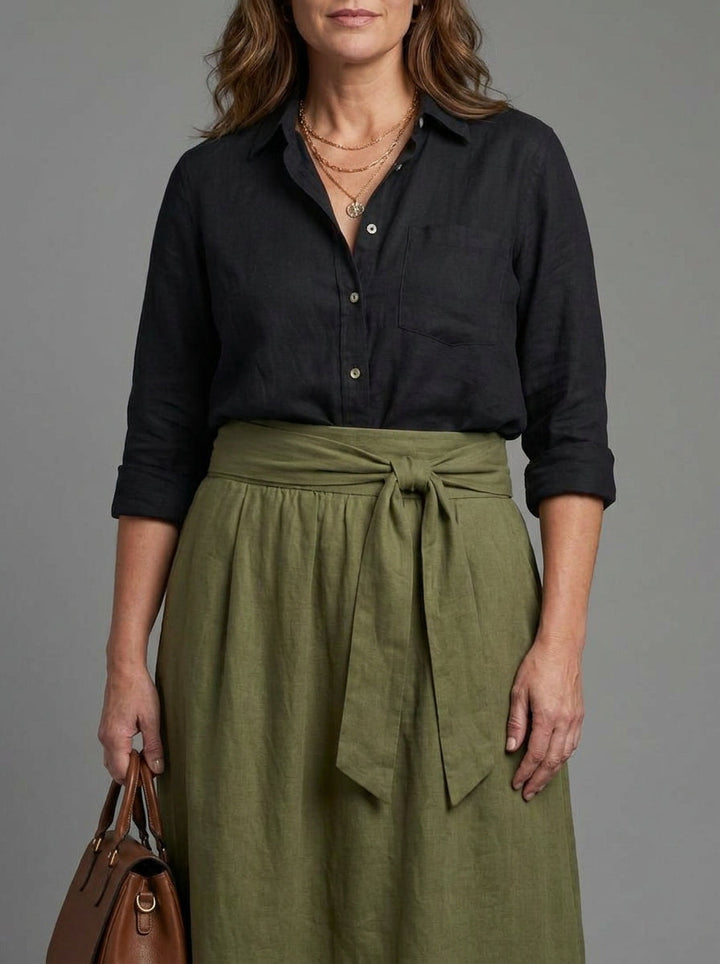 Tabitha | Tvådelad Set Svart Blus Olivgrön Midi Kjol