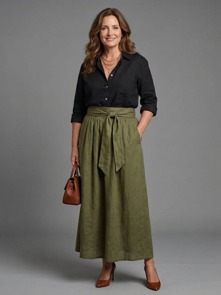 Tabitha | Tvådelad Set Svart Blus Olivgrön Midi Kjol