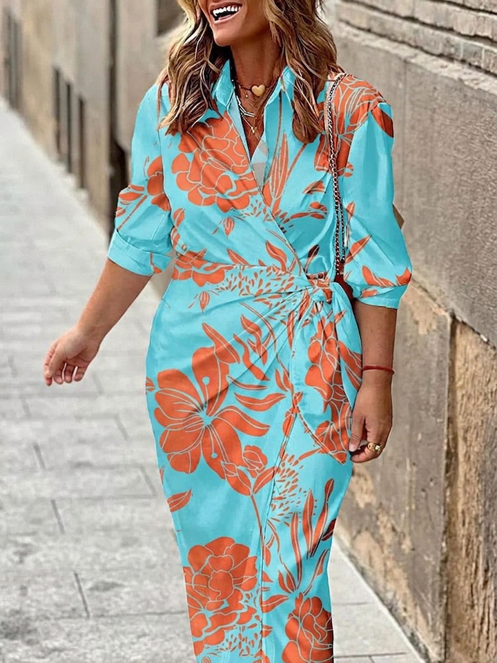 Imogen | Kvinnors Chiffontryck Wrap V-ringad Bälte Maxi Klänning