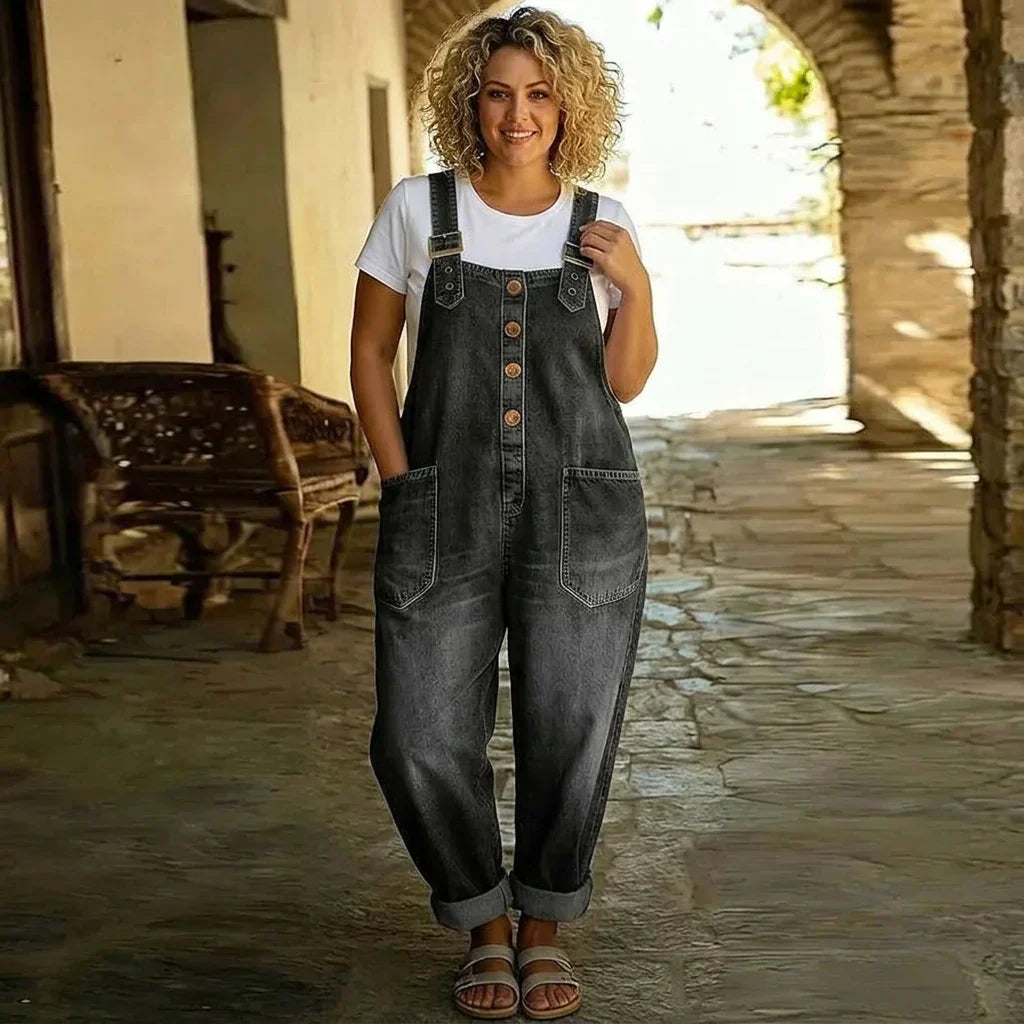 Demi | Vintage Mjuk Bomullsdenim-Look Byxor med Justerbara Remmar