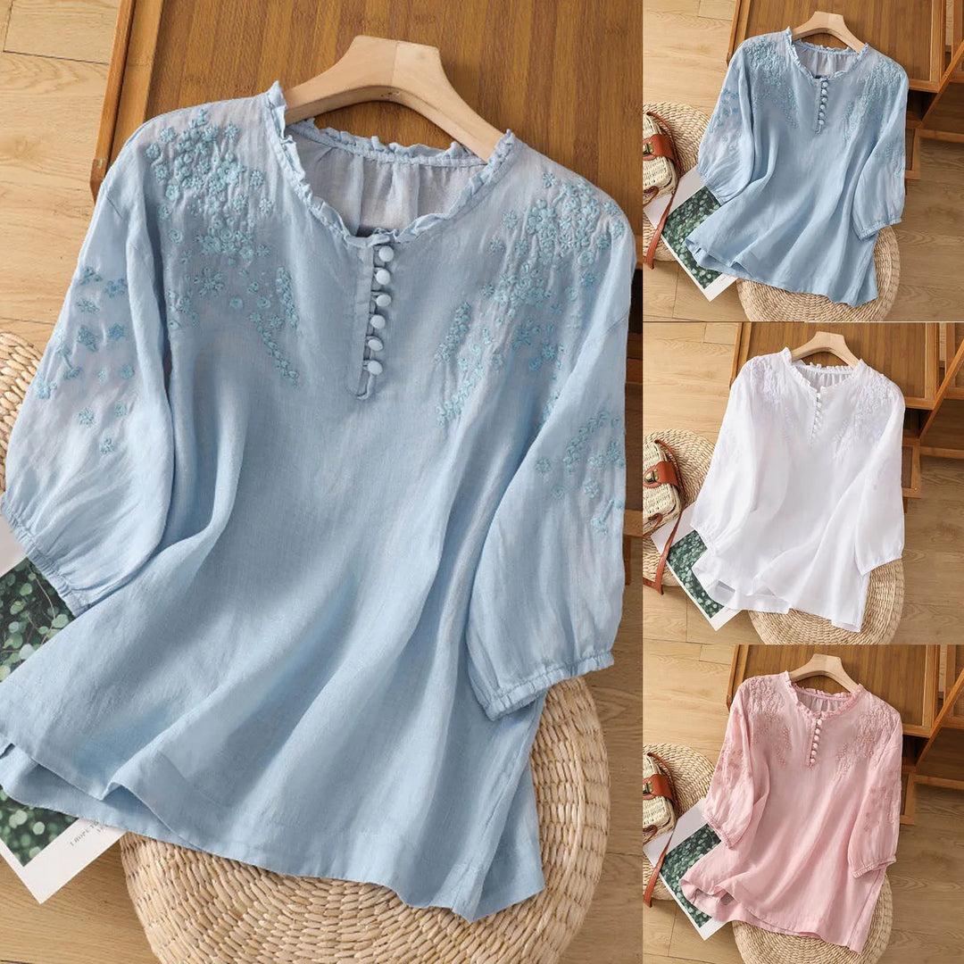 Amaya | Blommig Blus med Knäppning Fram