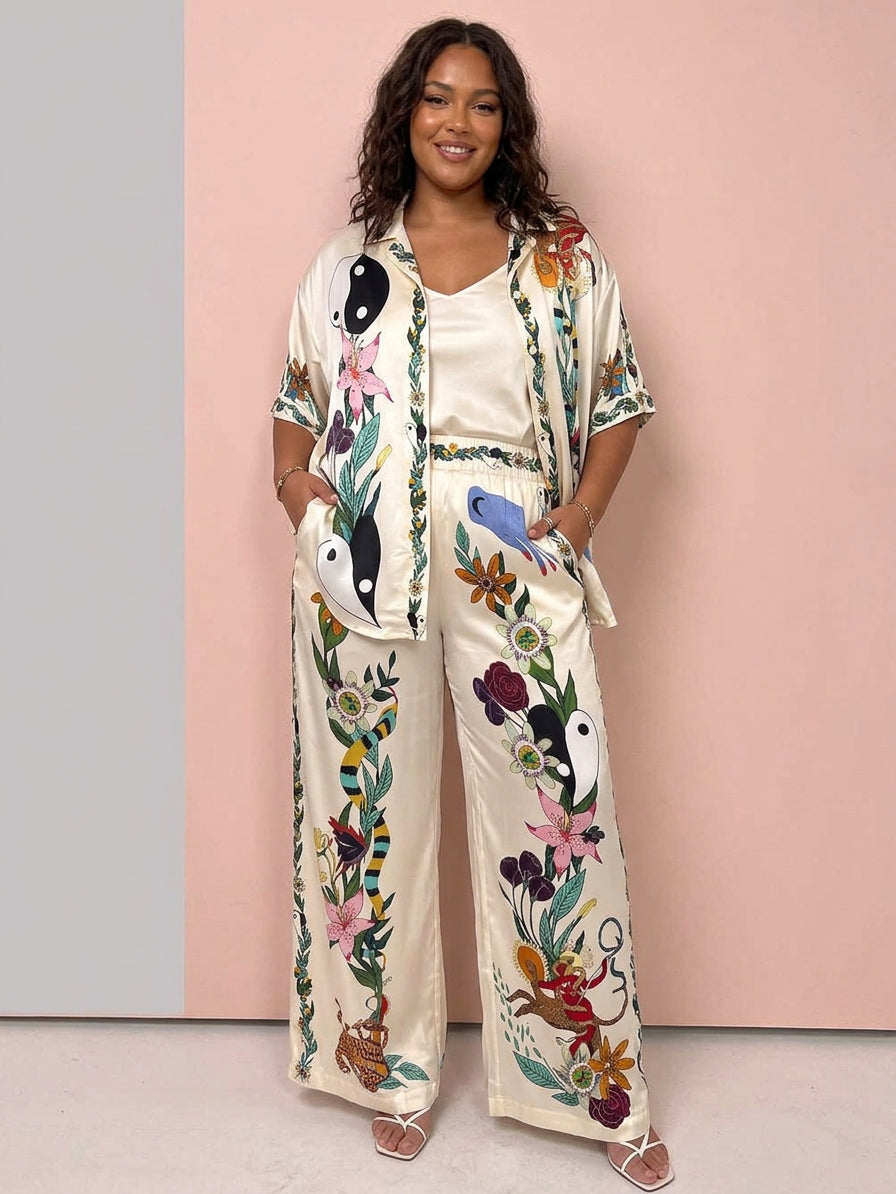 Ffion | Resort Vibes Satin unik tryckskjorta &amp; Byxset Passform