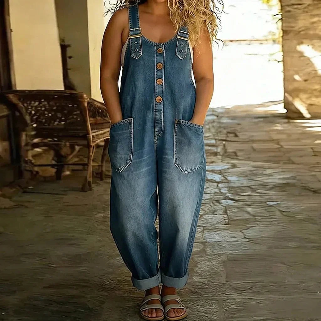 Demi | Vintage Mjuk Bomullsdenim-Look Byxor med Justerbara Remmar