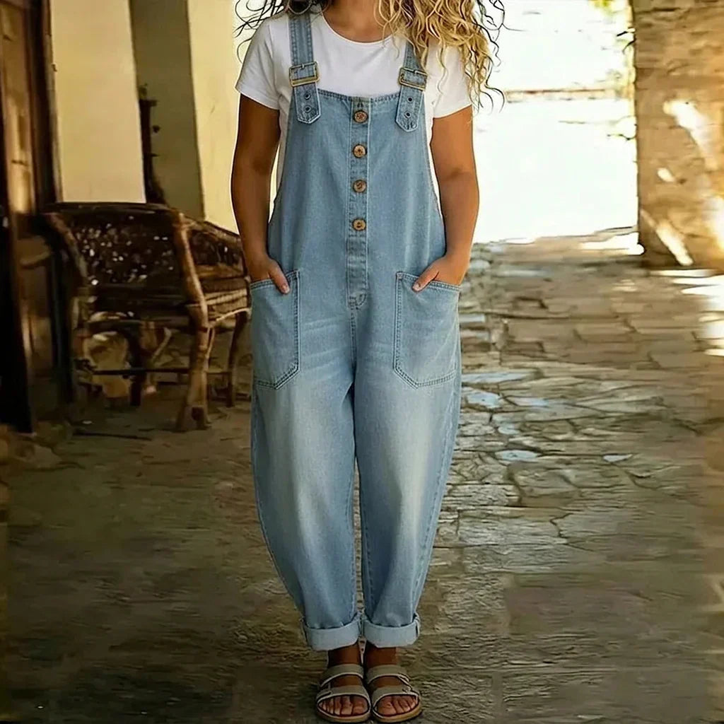 Demi | Vintage Mjuk Bomullsdenim-Look Byxor med Justerbara Remmar