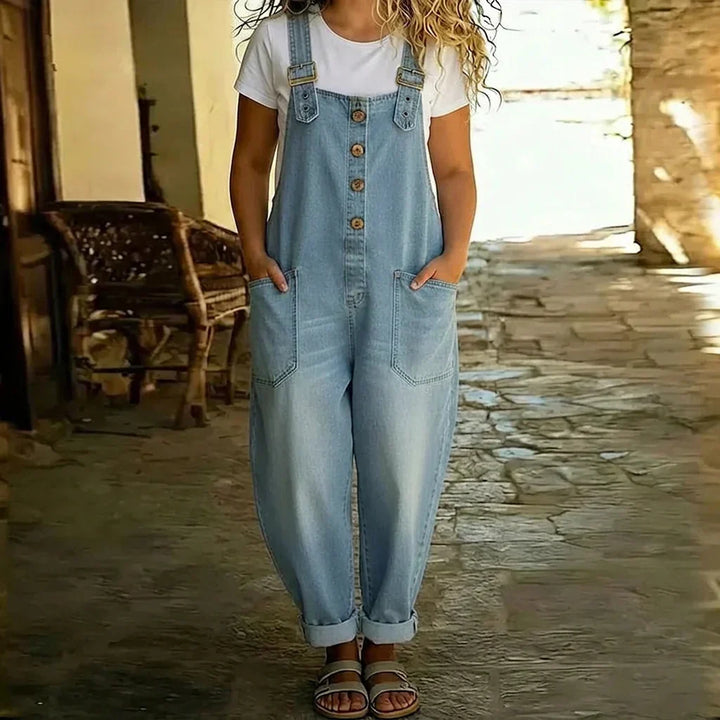 Demi | Vintage Mjuk Bomullsdenim-Look Byxor med Justerbara Remmar
