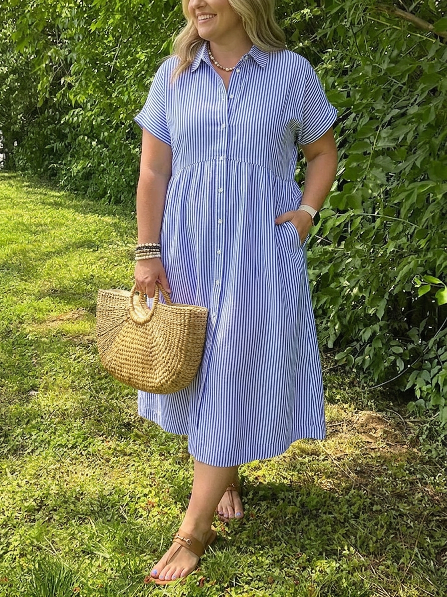 Sylvie | Kvinnors Linne Randig Knapp-Down Kortärmad Midi Klänning