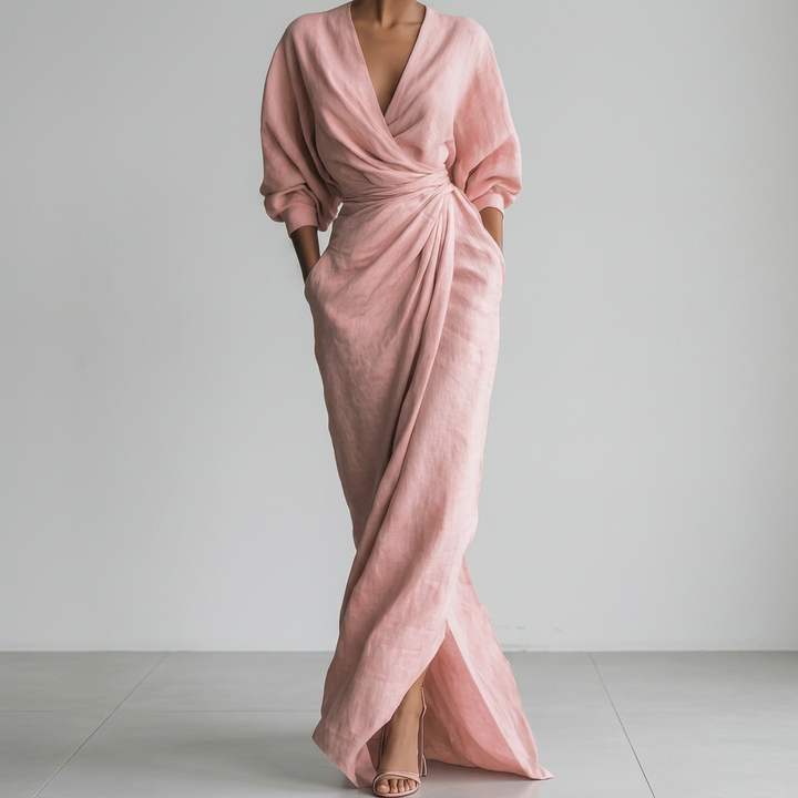 Thea Rynkad Wrap-Front Maxiklänning med Lång Ärmar och Slits