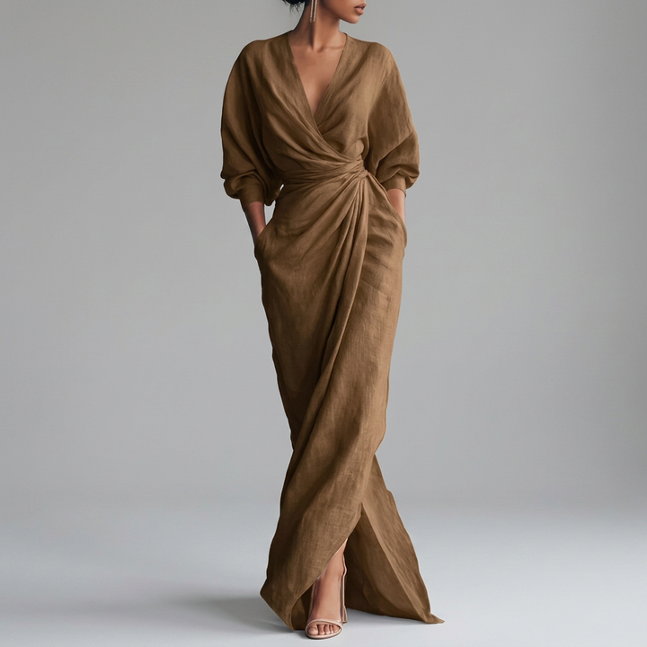Thea Rynkad Wrap-Front Maxiklänning med Lång Ärmar och Slits