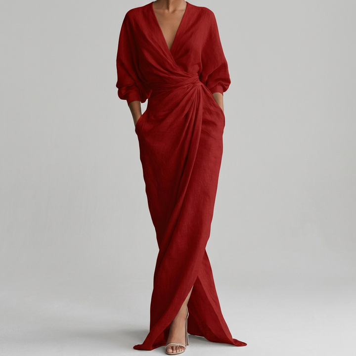 Thea Rynkad Wrap-Front Maxiklänning med Lång Ärmar och Slits