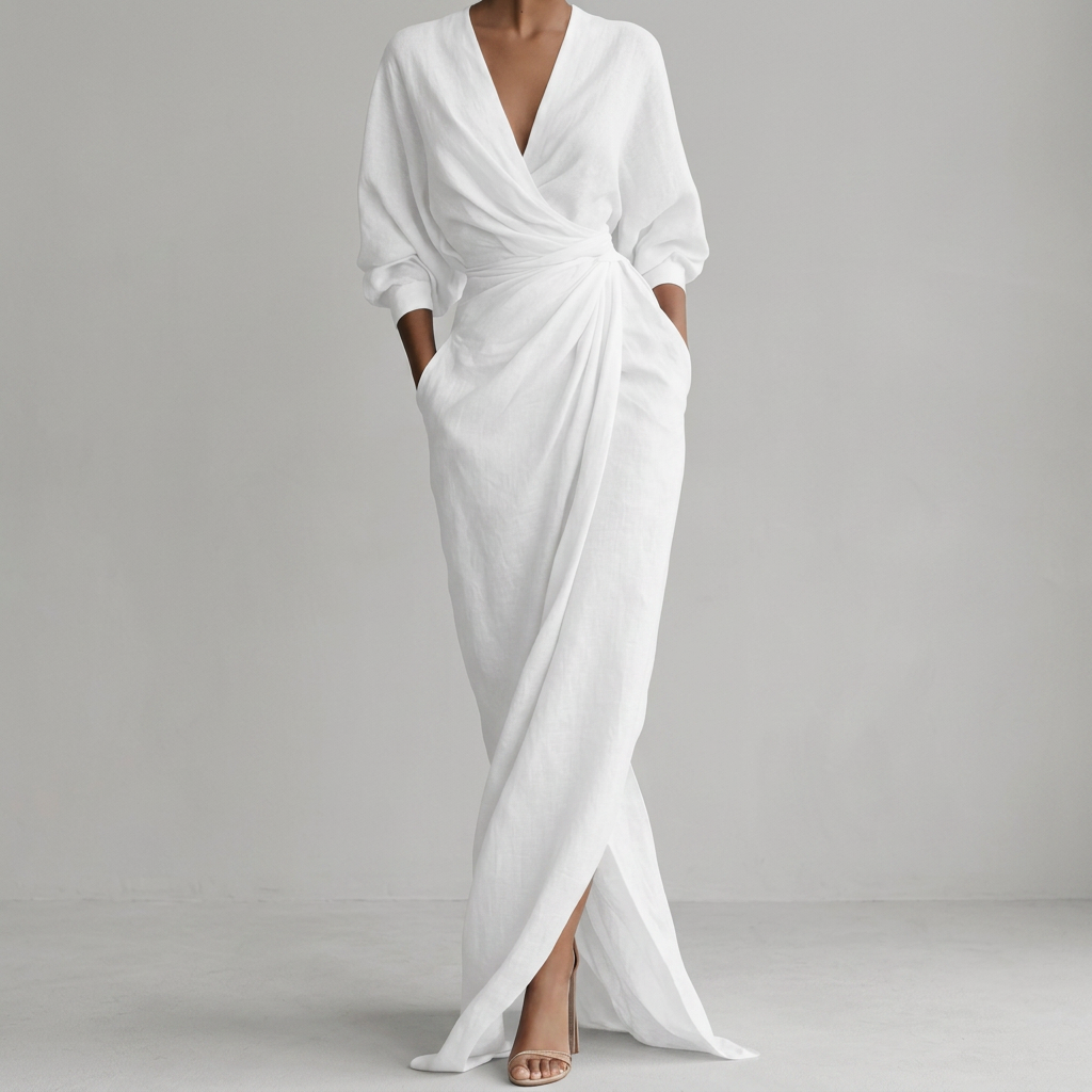 Thea Rynkad Wrap-Front Maxiklänning med Lång Ärmar och Slits