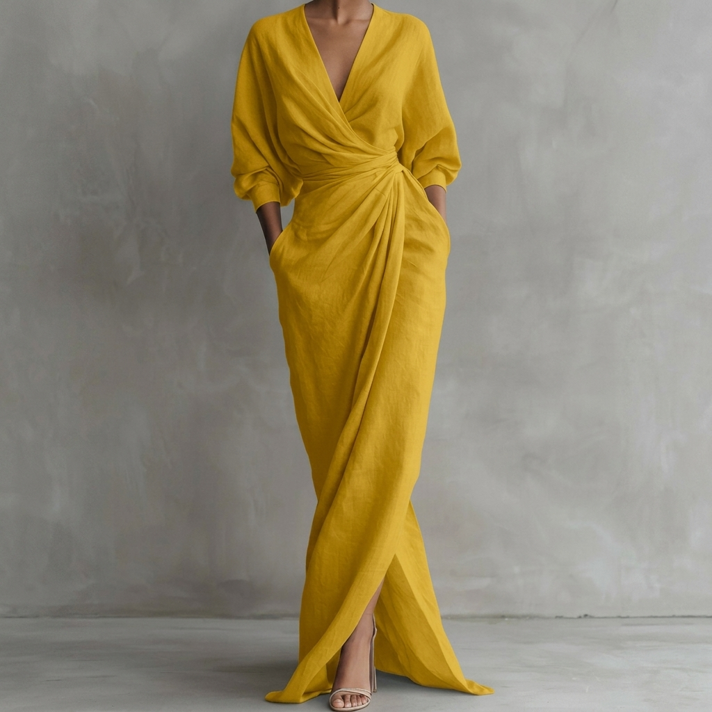 Thea Rynkad Wrap-Front Maxiklänning med Lång Ärmar och Slits