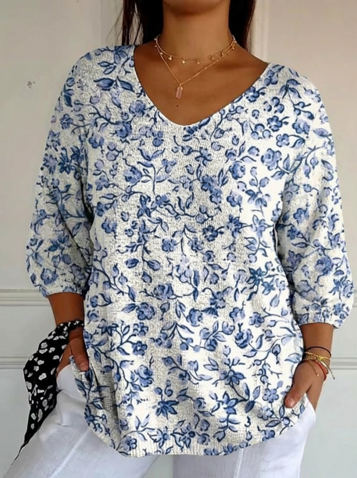 Kvinnors Liten Blå Blommor Tryck Avslappnad Pullover Stickad