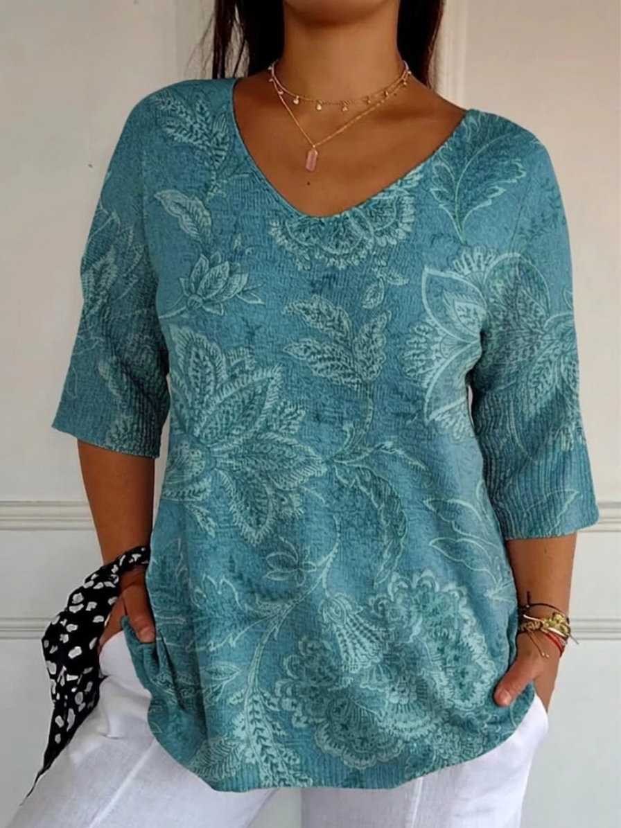 Kvinnors Vintage Etnisk Blommig Konsttryck Avslappnad Pullover Stickad