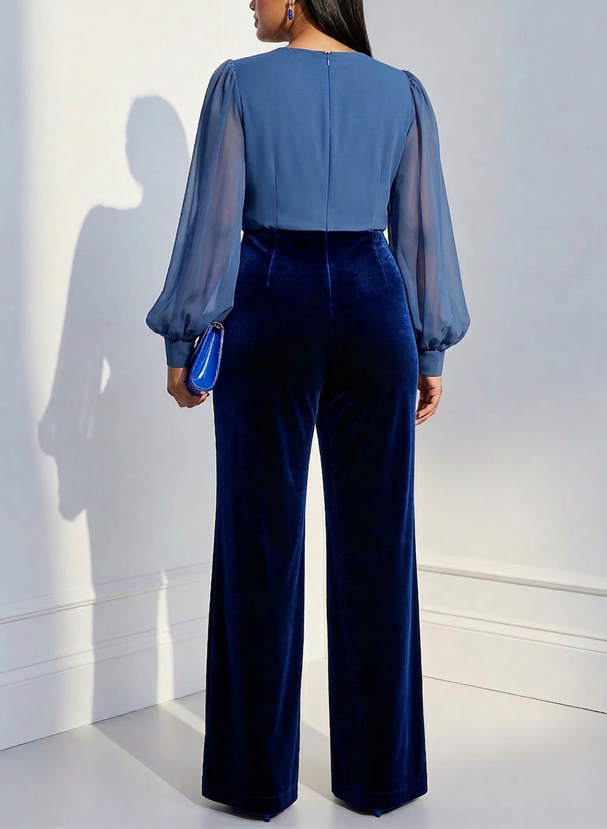 Blå mesh V-ringad långärmad sammet jumpsuit