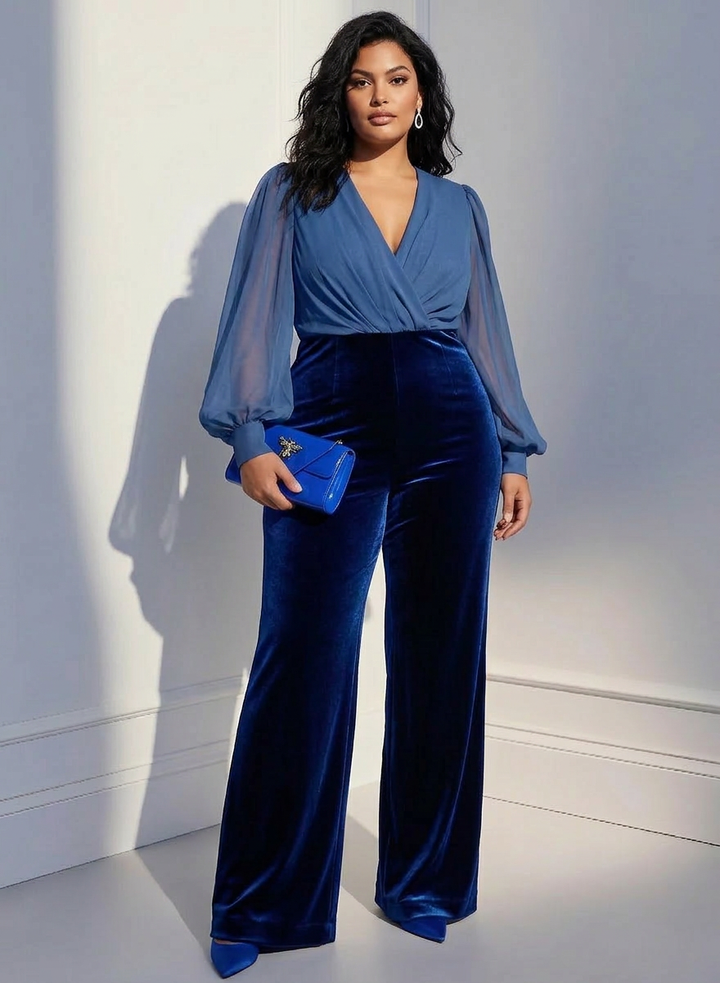Blå mesh V-ringad långärmad sammet jumpsuit