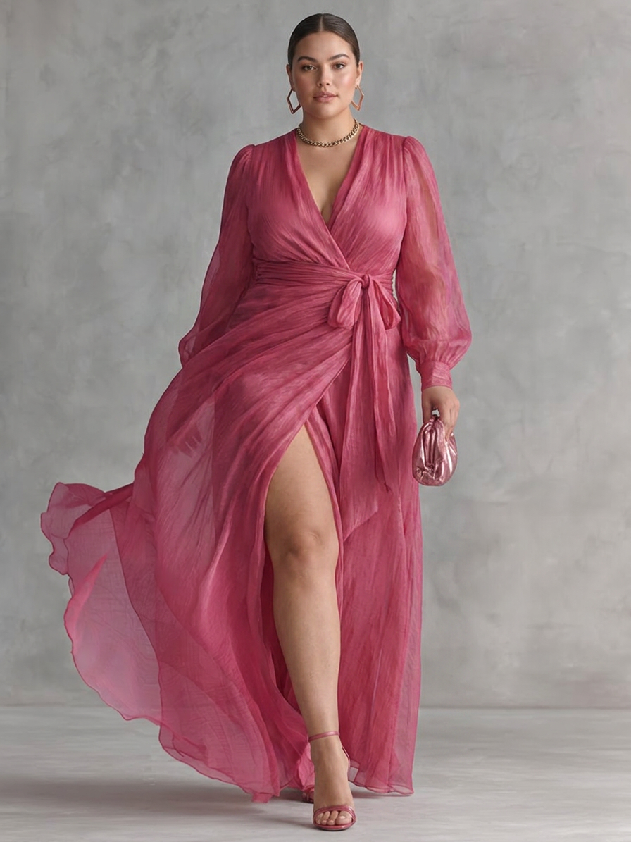 Vael | Elegant Chiffon V-ringad Klänning med Knytmidja