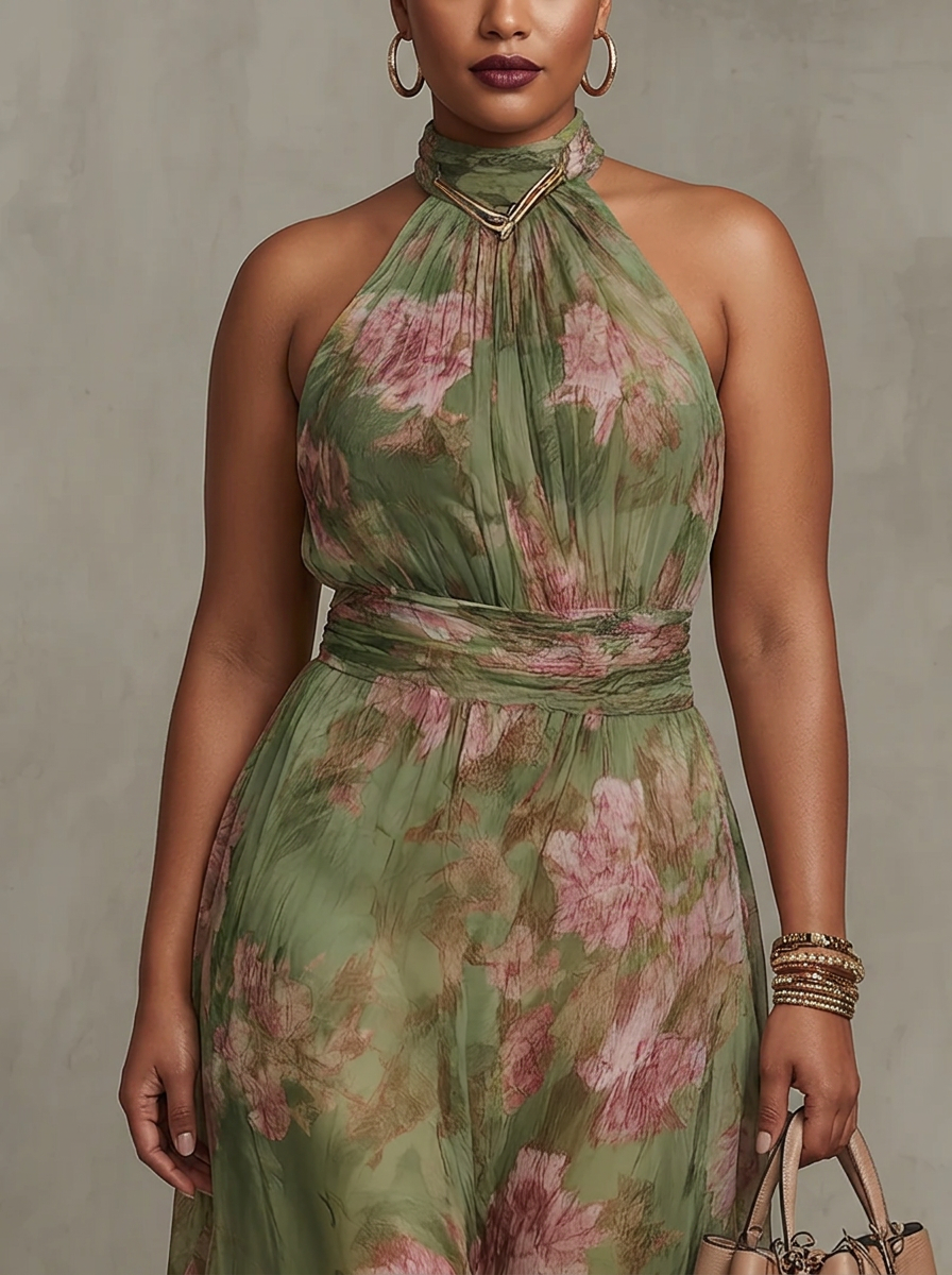 Amity | Grön Blommig Chiffon Halterneck Maxiklänning