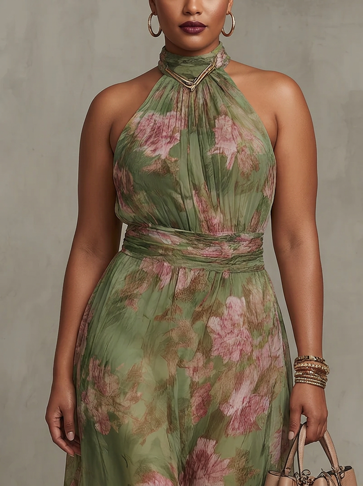 Amity | Grön Blommig Chiffon Halterneck Maxiklänning