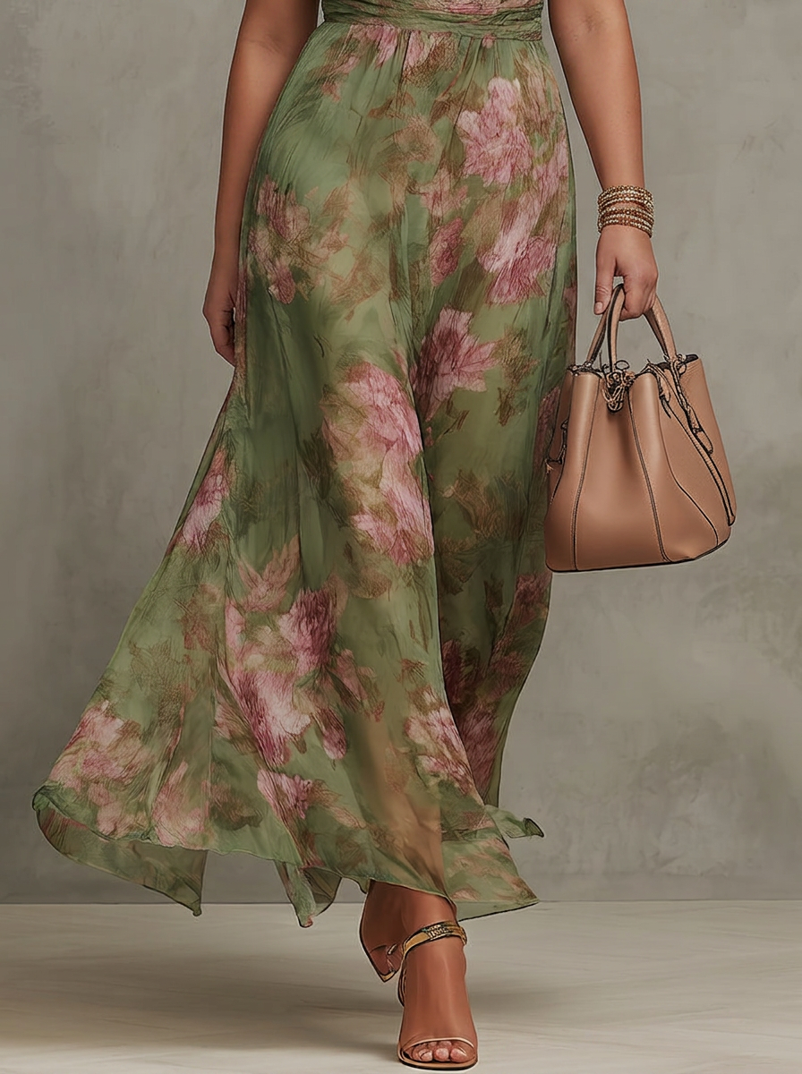 Amity | Grön Blommig Chiffon Halterneck Maxiklänning
