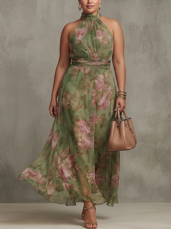 Amity | Grön Blommig Chiffon Halterneck Maxiklänning
