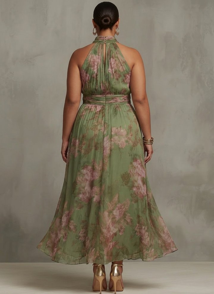 Amity | Grön Blommig Chiffon Halterneck Maxiklänning