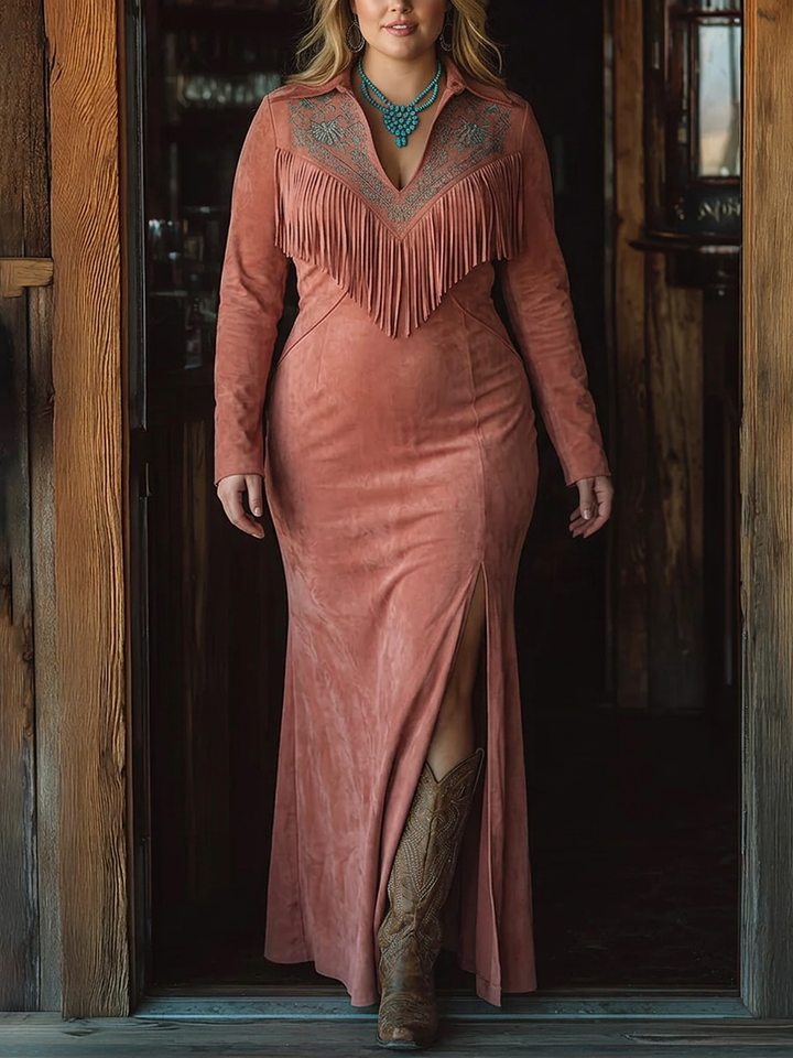 Vintage Western Fringed Broderad Rosa Fuskmocka Maxi Klänning