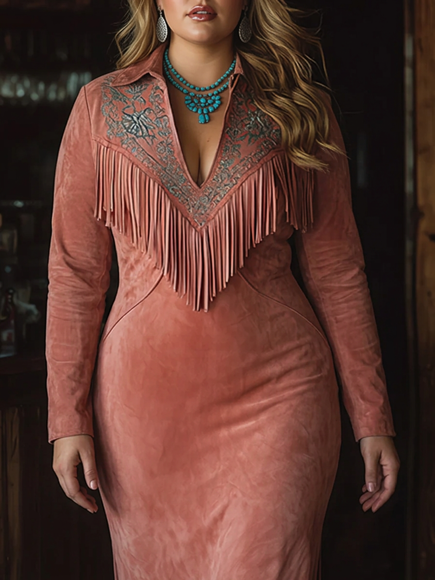 Vintage Western Fringed Broderad Rosa Fuskmocka Maxi Klänning