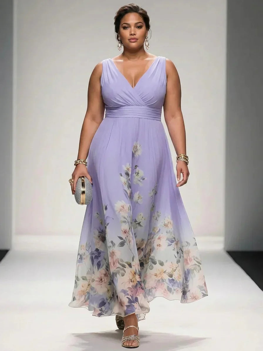 Salma | Ljusblå Blommig Chiffon V-ringad Maxiklänning