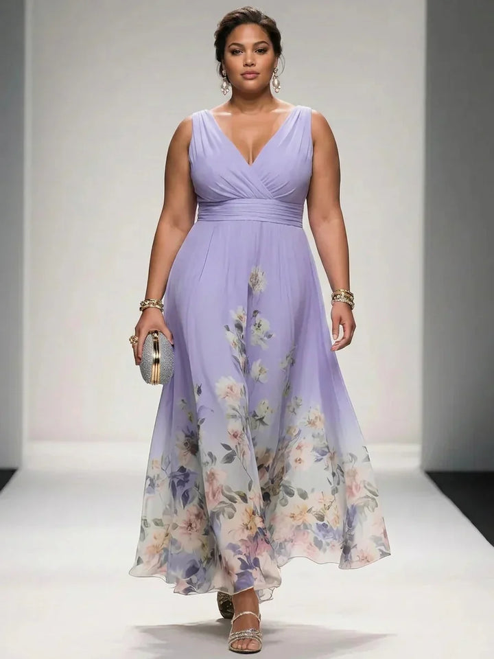 Salma | Ljusblå Blommig Chiffon V-ringad Maxiklänning