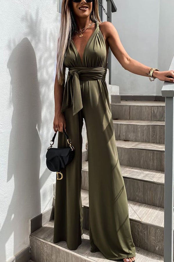 Edith - Enfärgad Slim V-Hals Snörning Ärmfri Jumpsuit